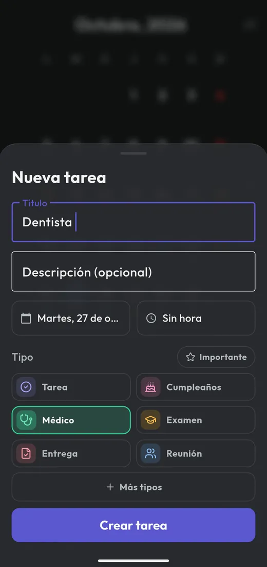 Formulario de una nueva tarea en Atenea, con los tipos para elegir