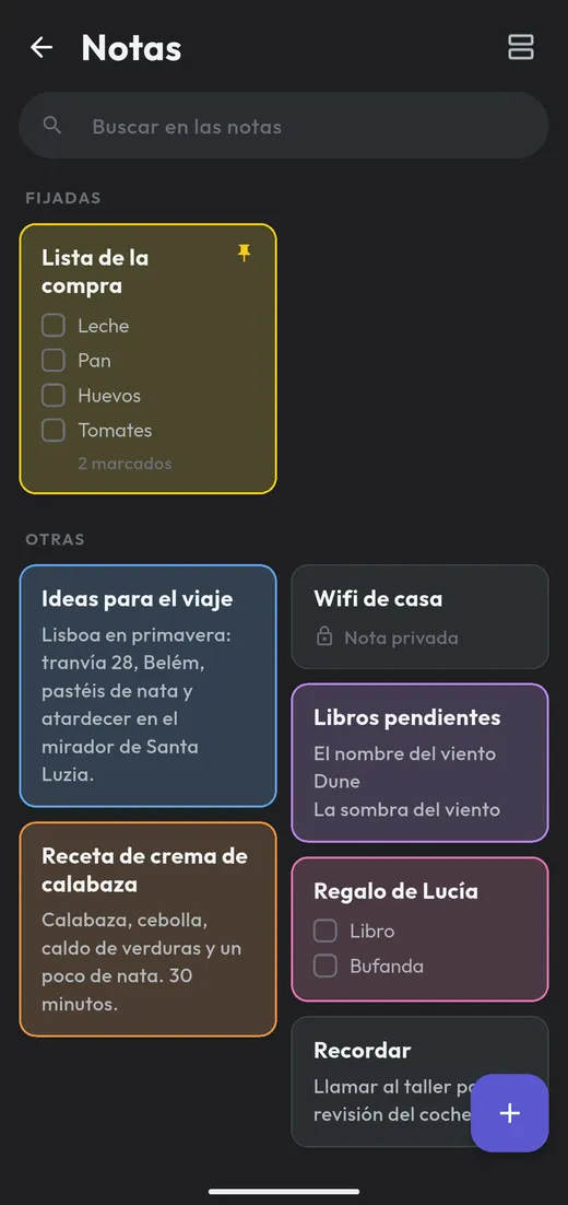 Pantalla de notas de Atenea, con notas de colores y una lista de la compra