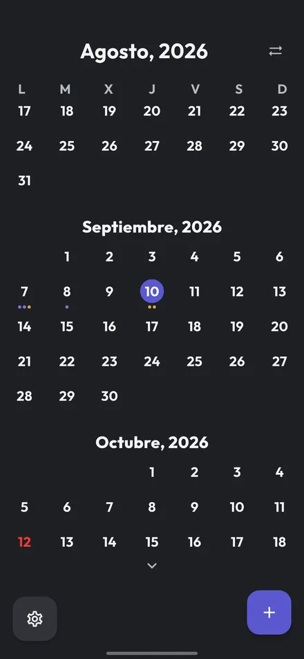Vista de calendario en scroll continuo en Atenea, con varios meses seguidos